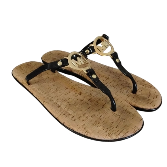 Michael Kors Black and Gold Patent Leather T-Strap Sandals Size 8 - Picture 12 of 12